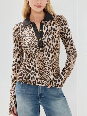 NWT Ganni fine merino jacquard leopard polo long sleeve sweater tee size M